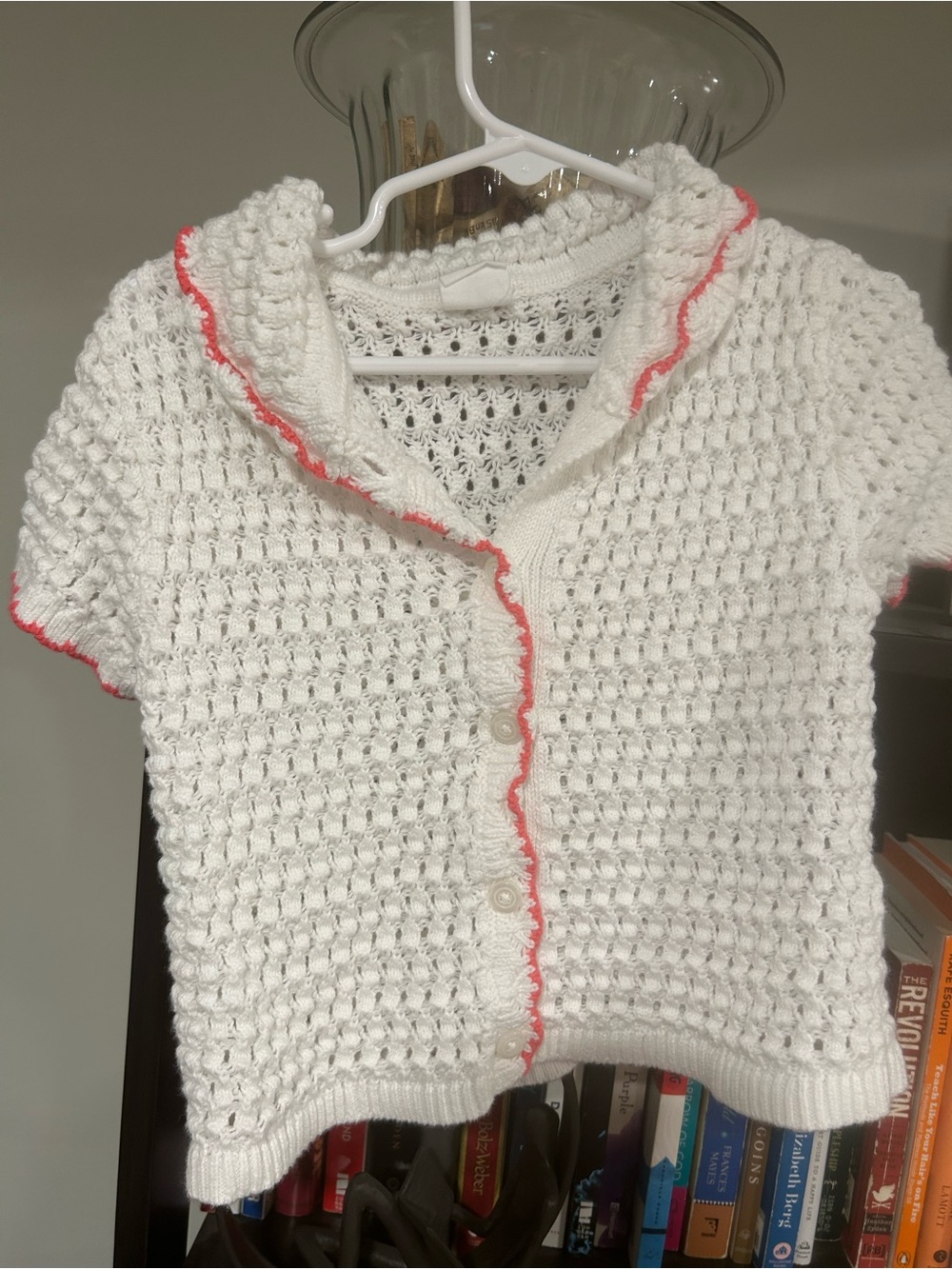 Girl’s White Knit Short-Sleeve crocheted top with Pink Trim